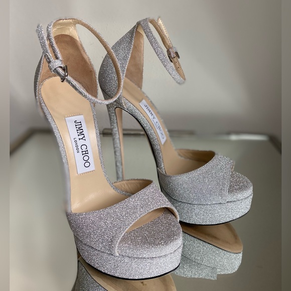 Jimmy Choo Max 150 Metallic Silver Glitter Platform Stiletto Sandals 35 - Picture 12 of 14